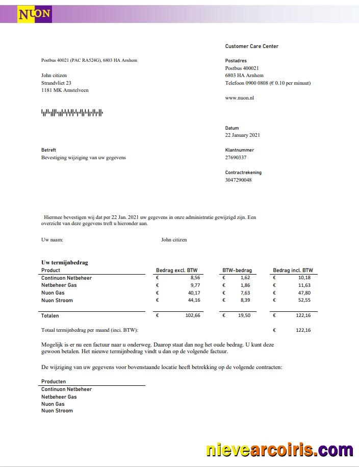 Netherlands NUON gas utility bill in Dutch language